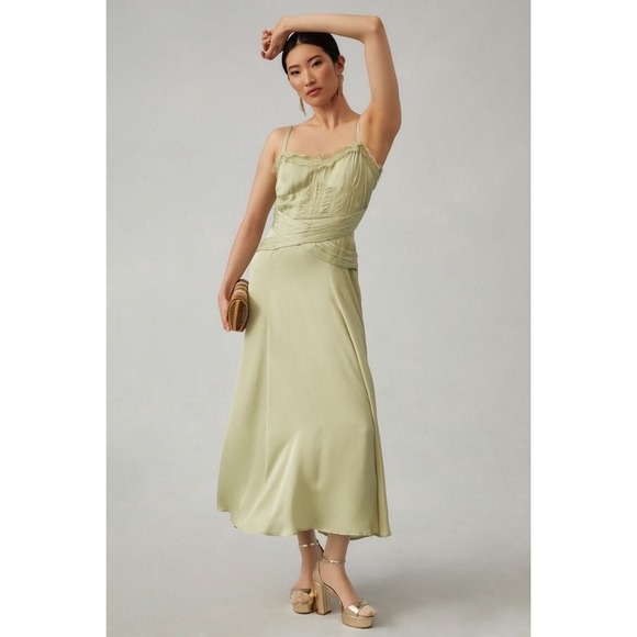 knee length dresses for ladies Anthropologie x Eri + Ali Laila Floral Dress Green and Pink – Threadeco main image 0